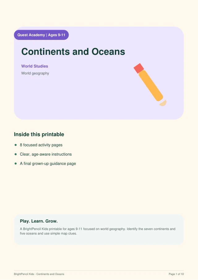 Preview of Continents and Oceans printable