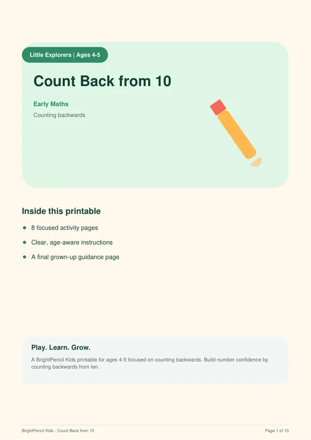 Preview of Count Back from 10 printable