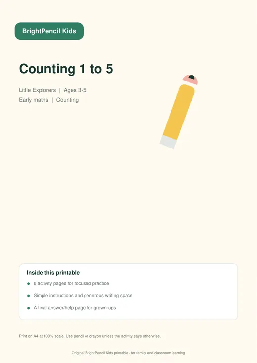 Counting 1 to 5 free printable worksheet preview