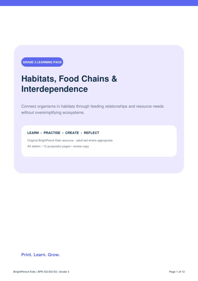 Habitats, Food Chains & Interdependence free printable worksheet preview