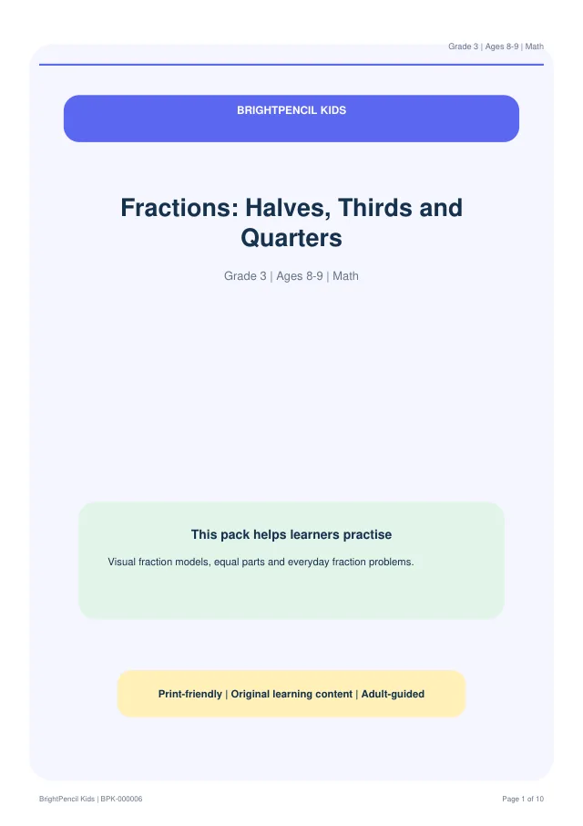 Preview of Fractions: Halves, Thirds and Quarters