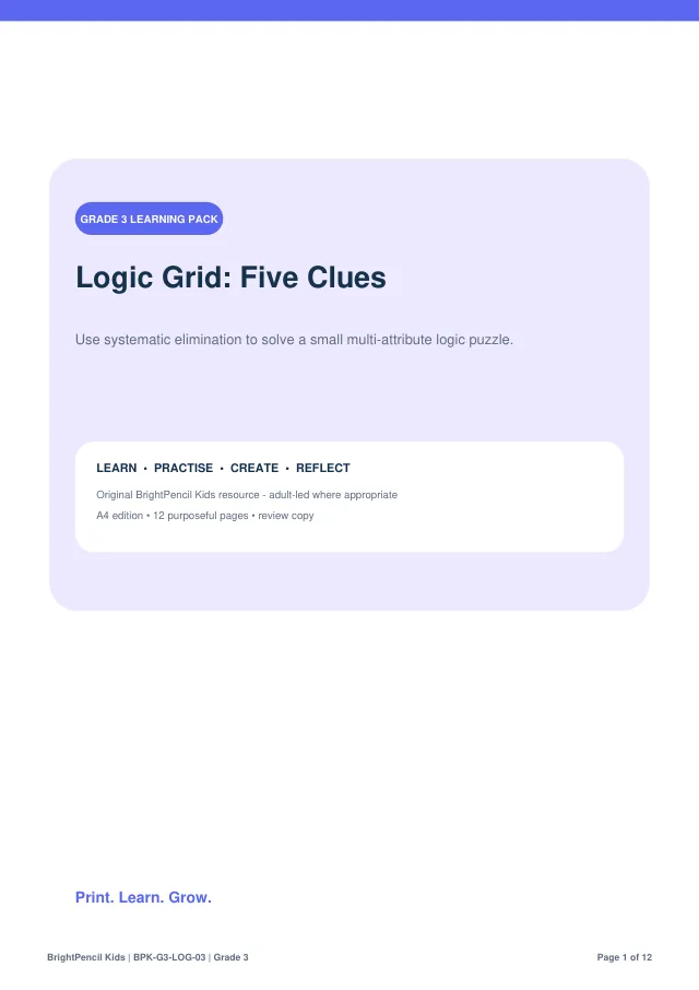 Preview of Logic Grid: Five Clues