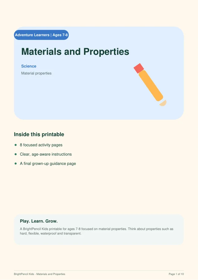 Preview of Materials and Properties printable