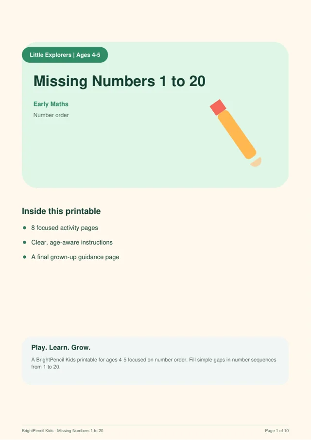 Preview of Missing Numbers 1 to 20 printable