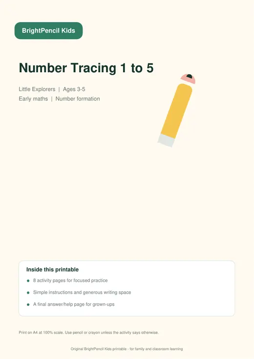 Number Tracing 1 to 5 free printable worksheet preview