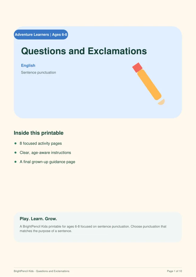 Preview of Questions and Exclamations printable