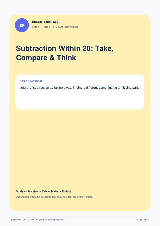 Preview of Subtraction Within 20: Take, Compare & Think