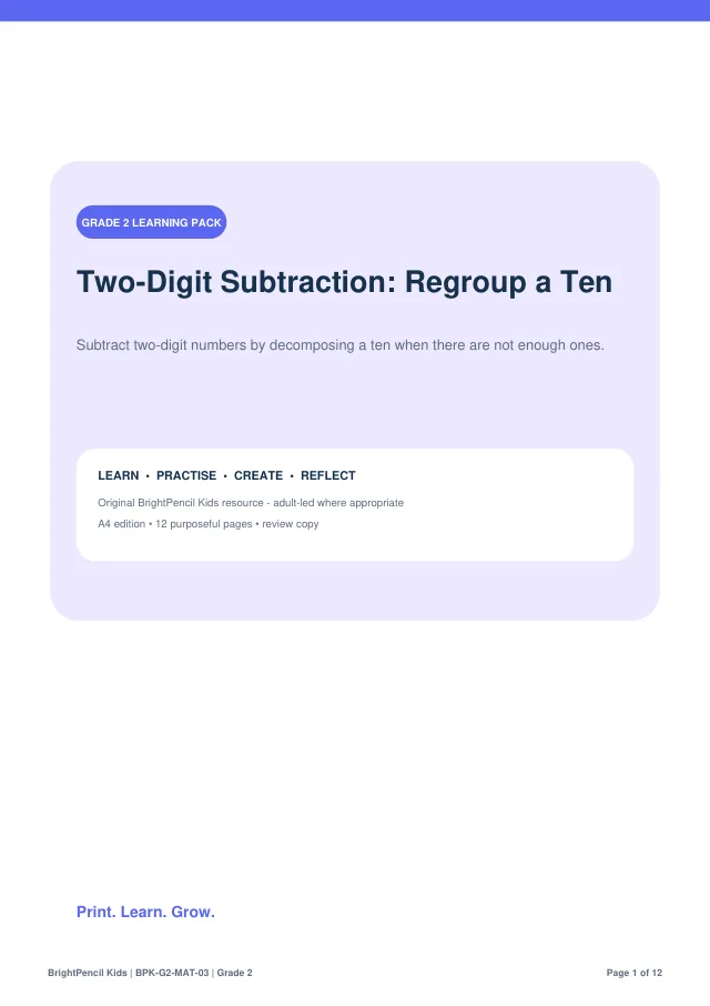 Preview of Two-Digit Subtraction: Regroup a Ten